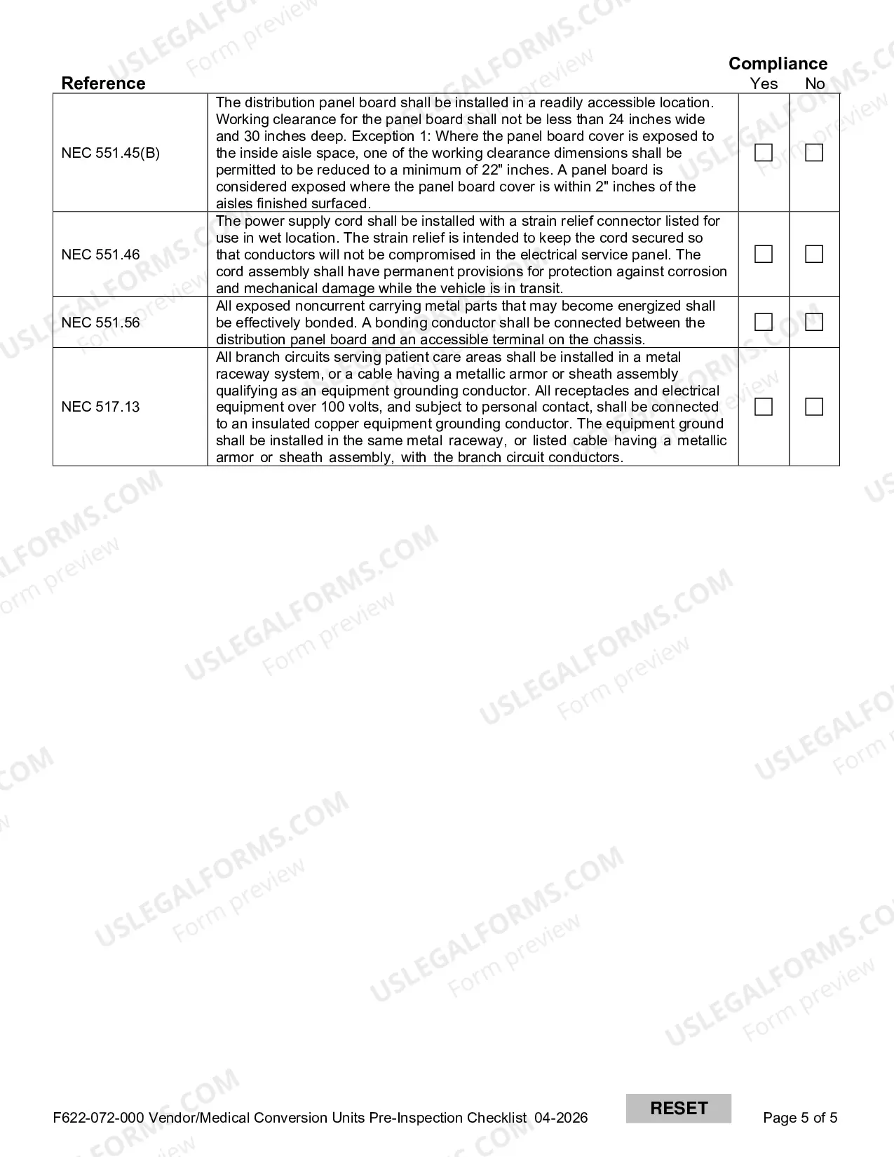 Preview Vendor / Medical Conversion Units Pre-Inspection Checklist