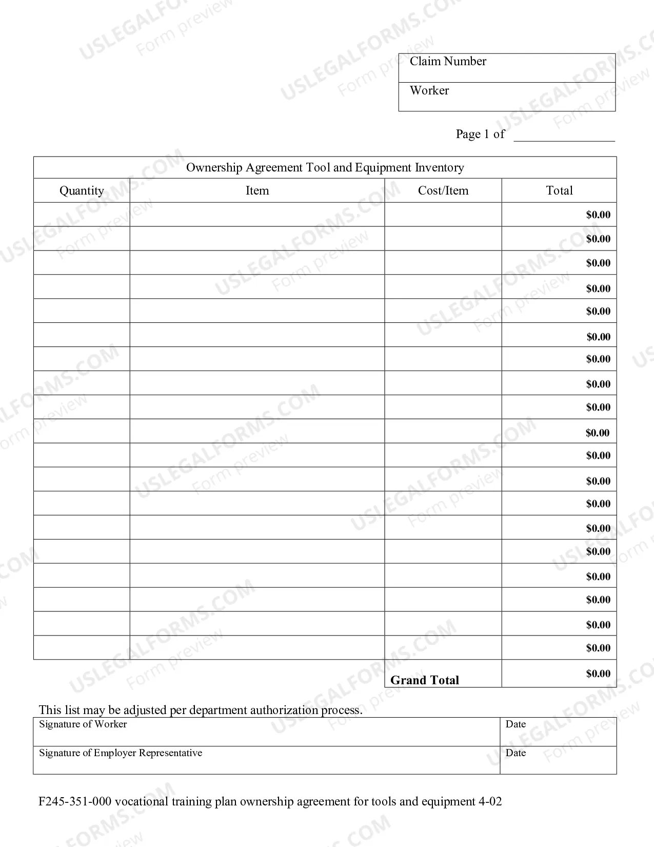 Preview Vocational Training Plan Ownership Agreement for Tools and Equipment