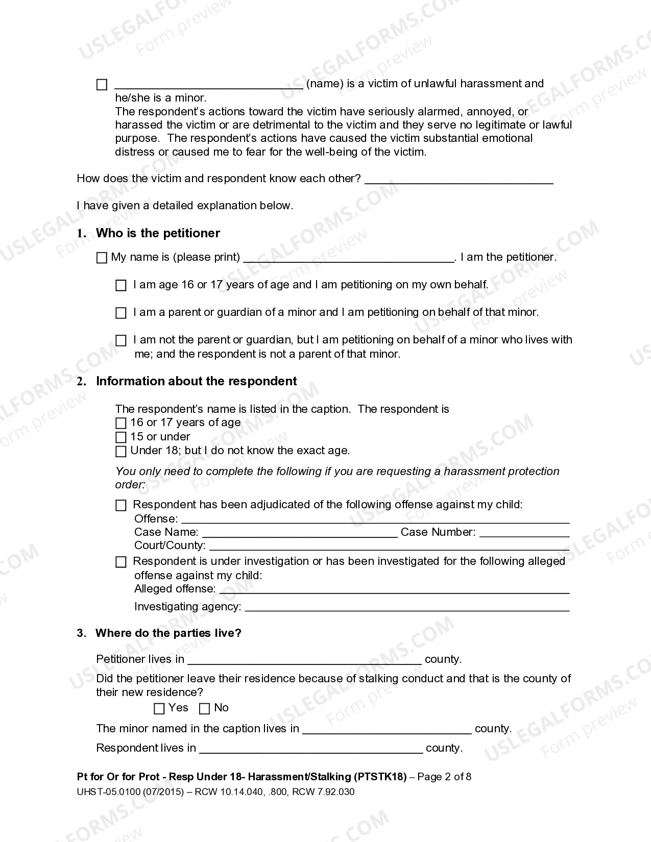 Preview Petition for an Order for Protection - Respondent Under Age 18