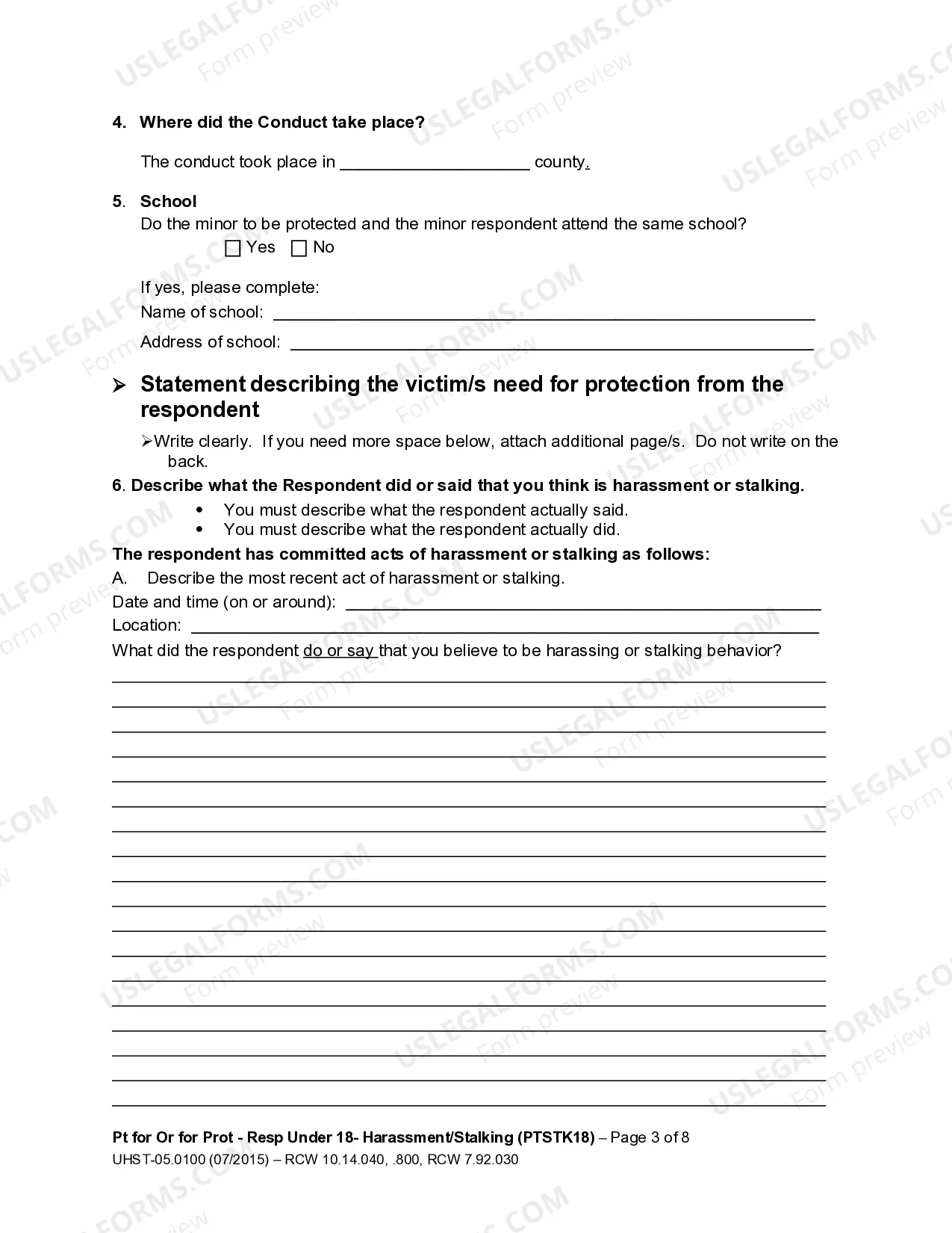 Preview Petition for an Order for Protection - Respondent Under Age 18