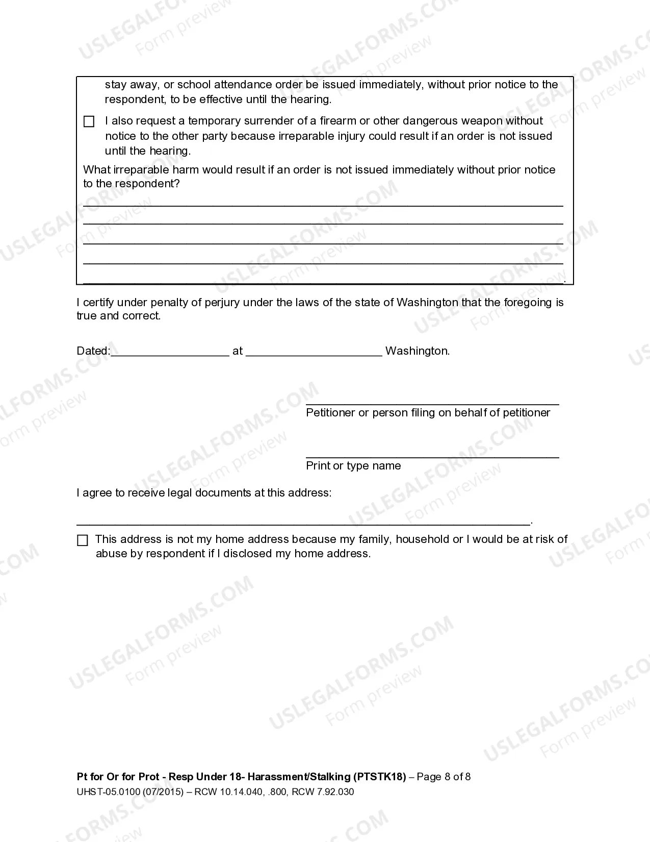 Preview Petition for an Order for Protection - Respondent Under Age 18