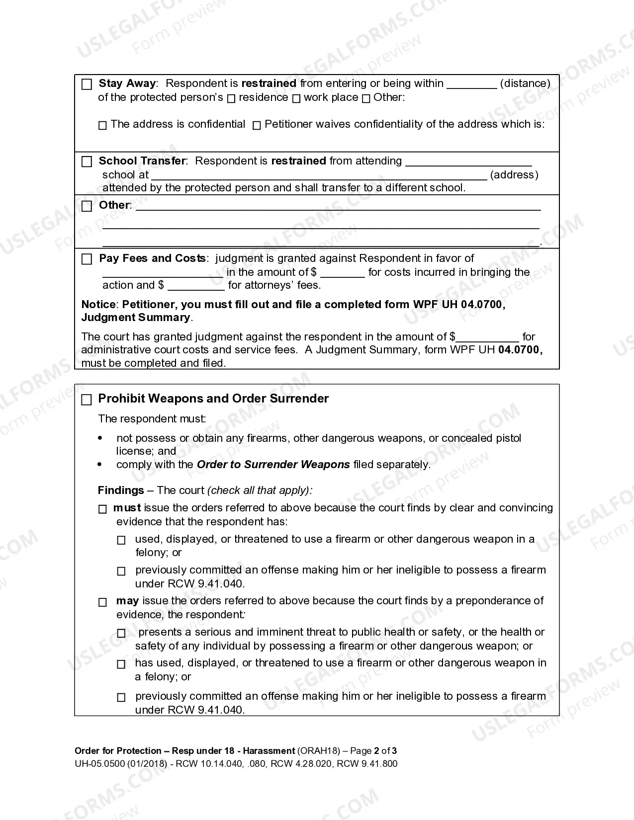 Preview Order For Protection - Respondent Under Age 18 - Harassment