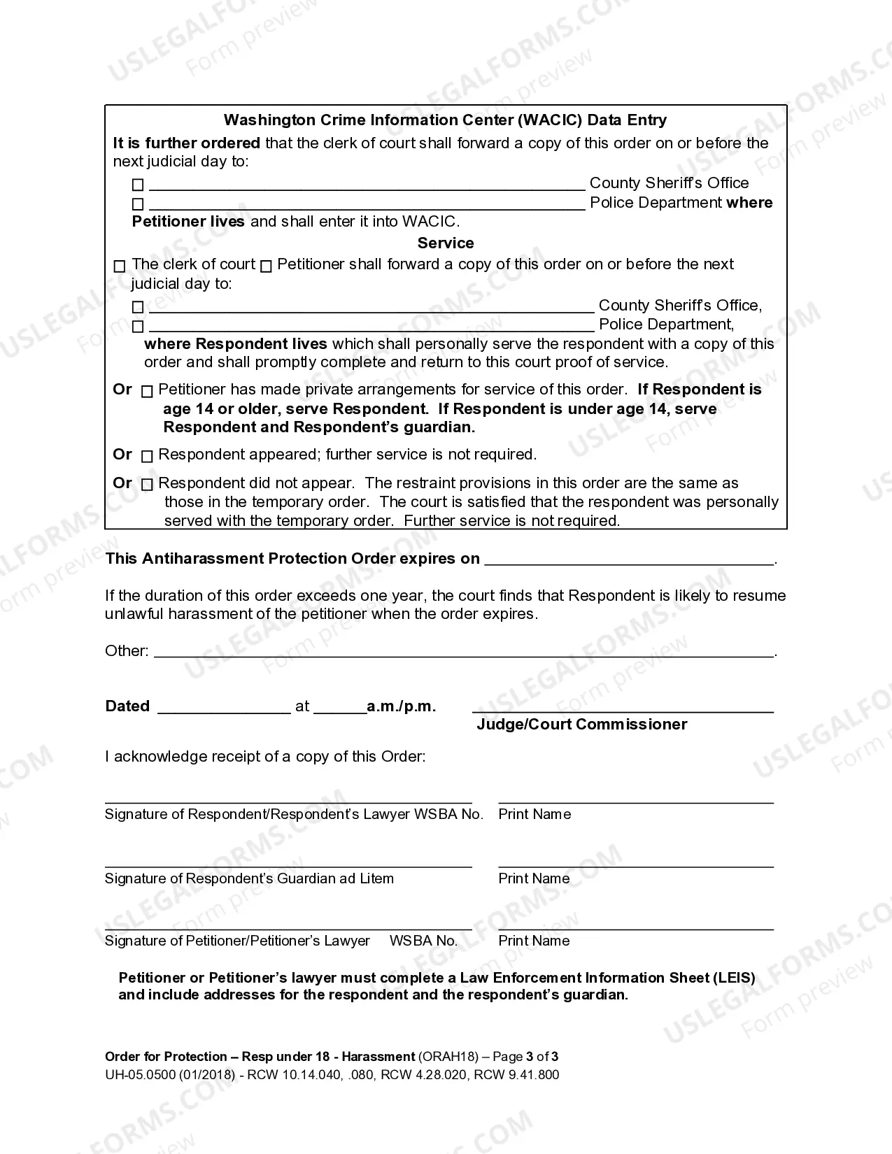 Preview Order For Protection - Respondent Under Age 18 - Harassment