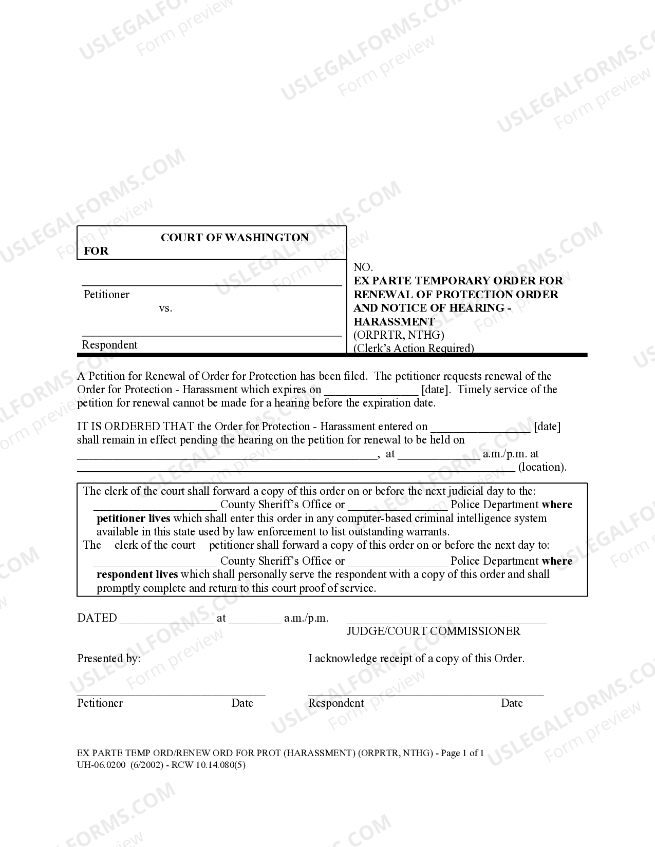 Washington Ex Parte Temporary Order for Renewal of Protection Order and