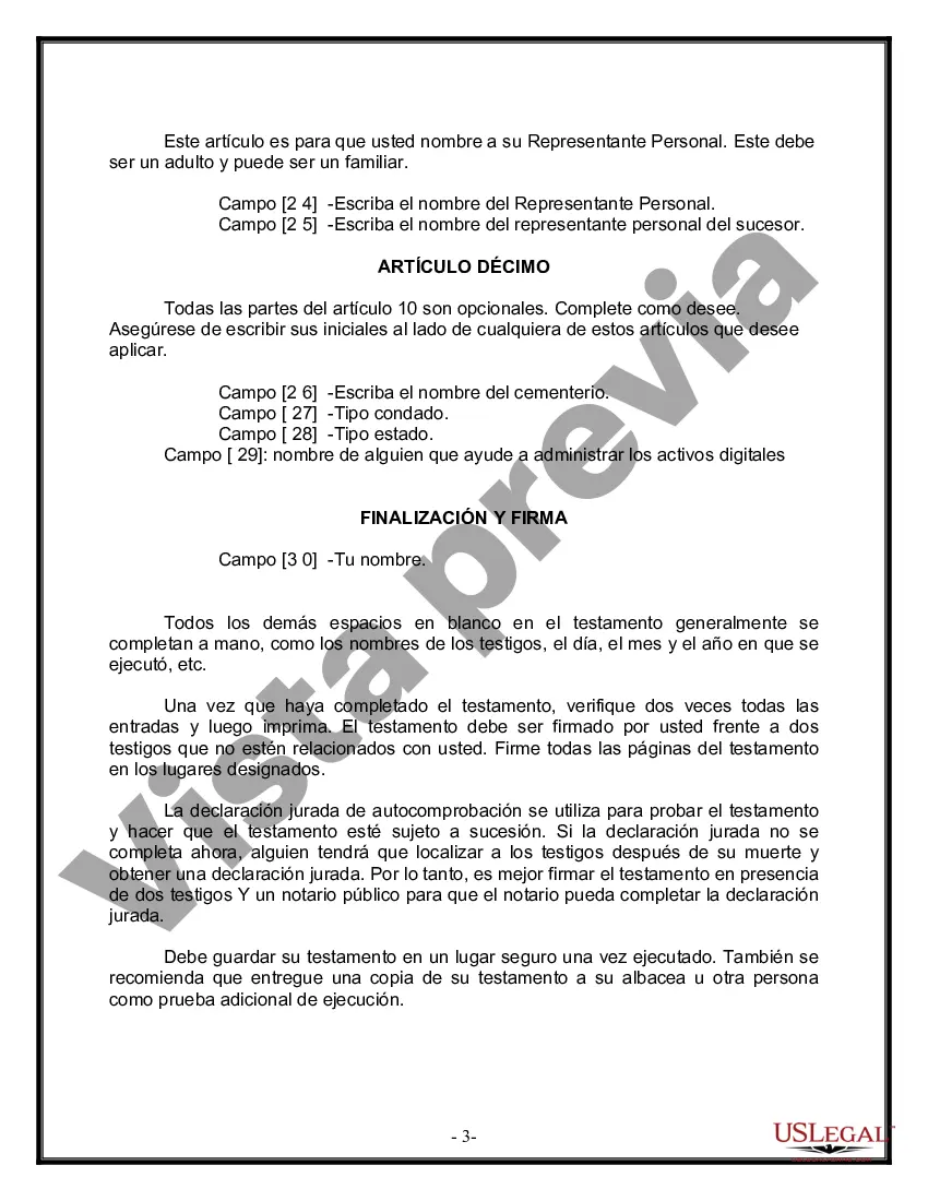 Preview Formulario de última voluntad y testamento legal para persona soltera sin hijos