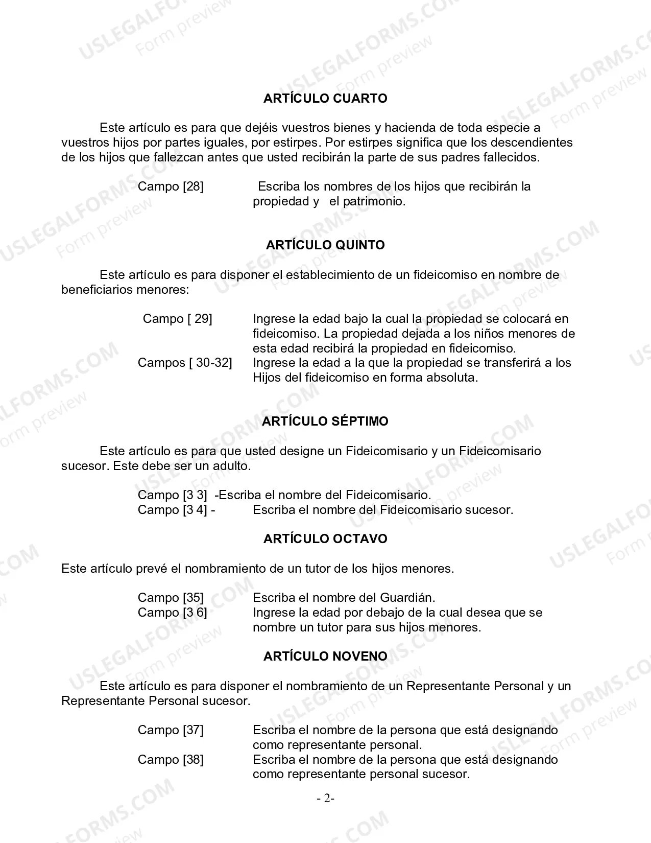 Preview Formulario Legal de Última Voluntad y Testamento para Persona Soltera con Hijos Adultos y Menores