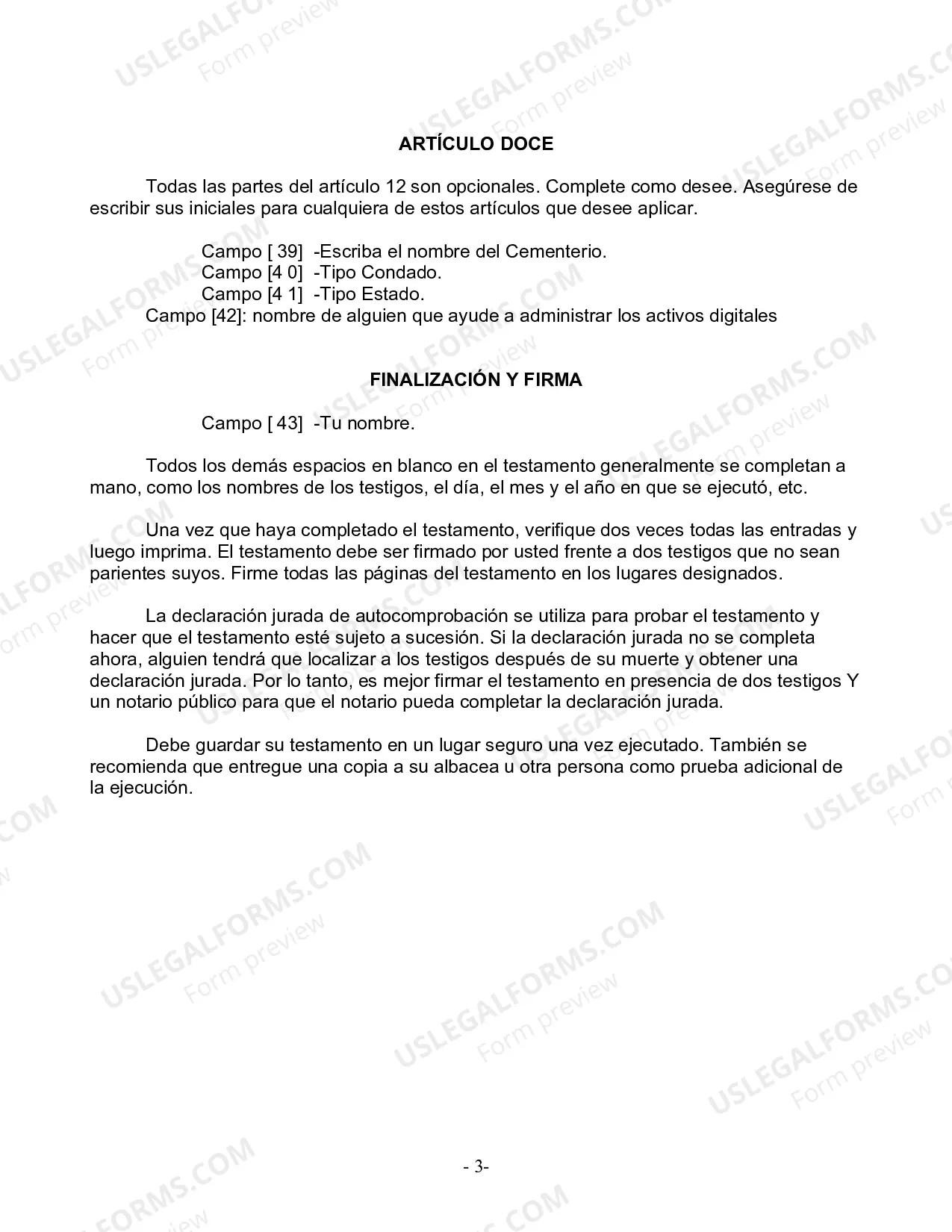 Preview Formulario Legal de Última Voluntad y Testamento para Persona Soltera con Hijos Adultos y Menores