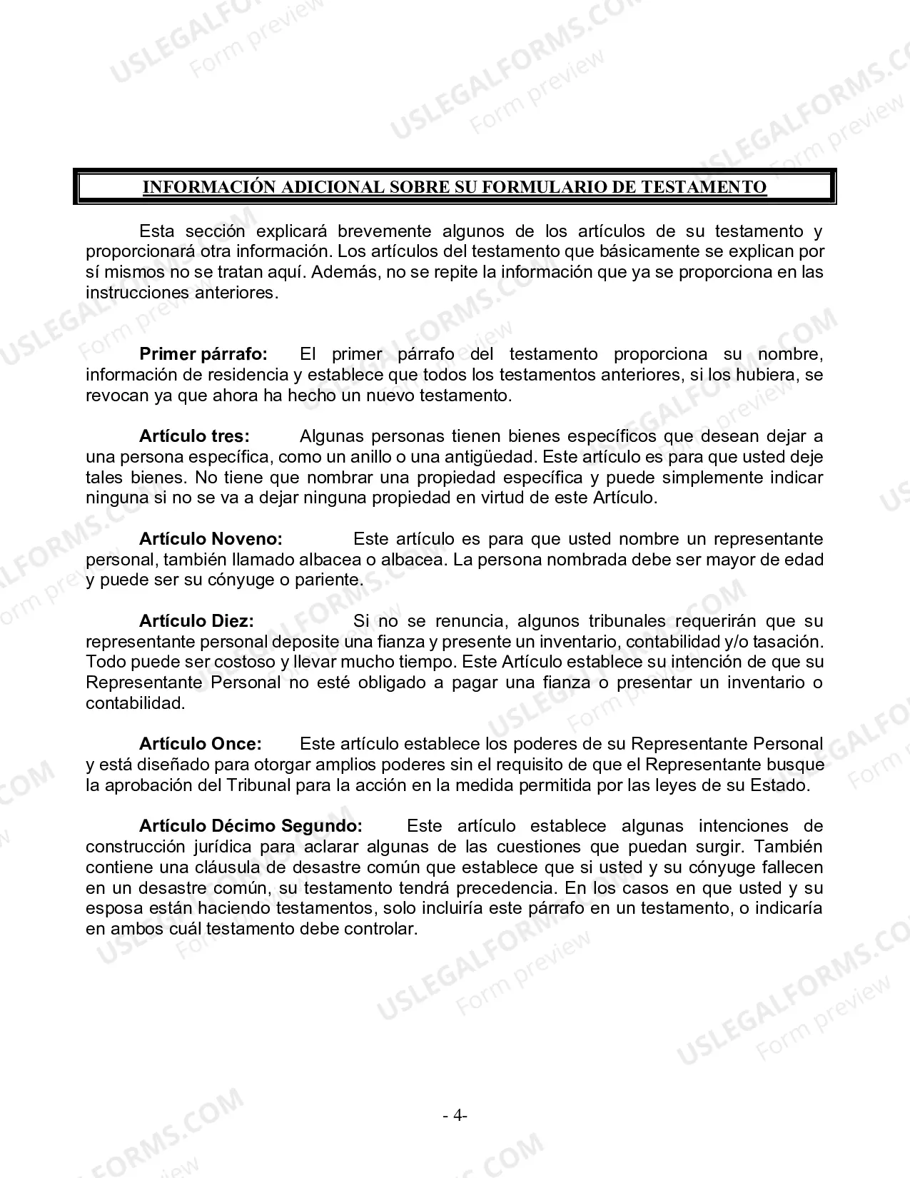 Preview Formulario Legal de Última Voluntad y Testamento para Persona Soltera con Hijos Adultos y Menores