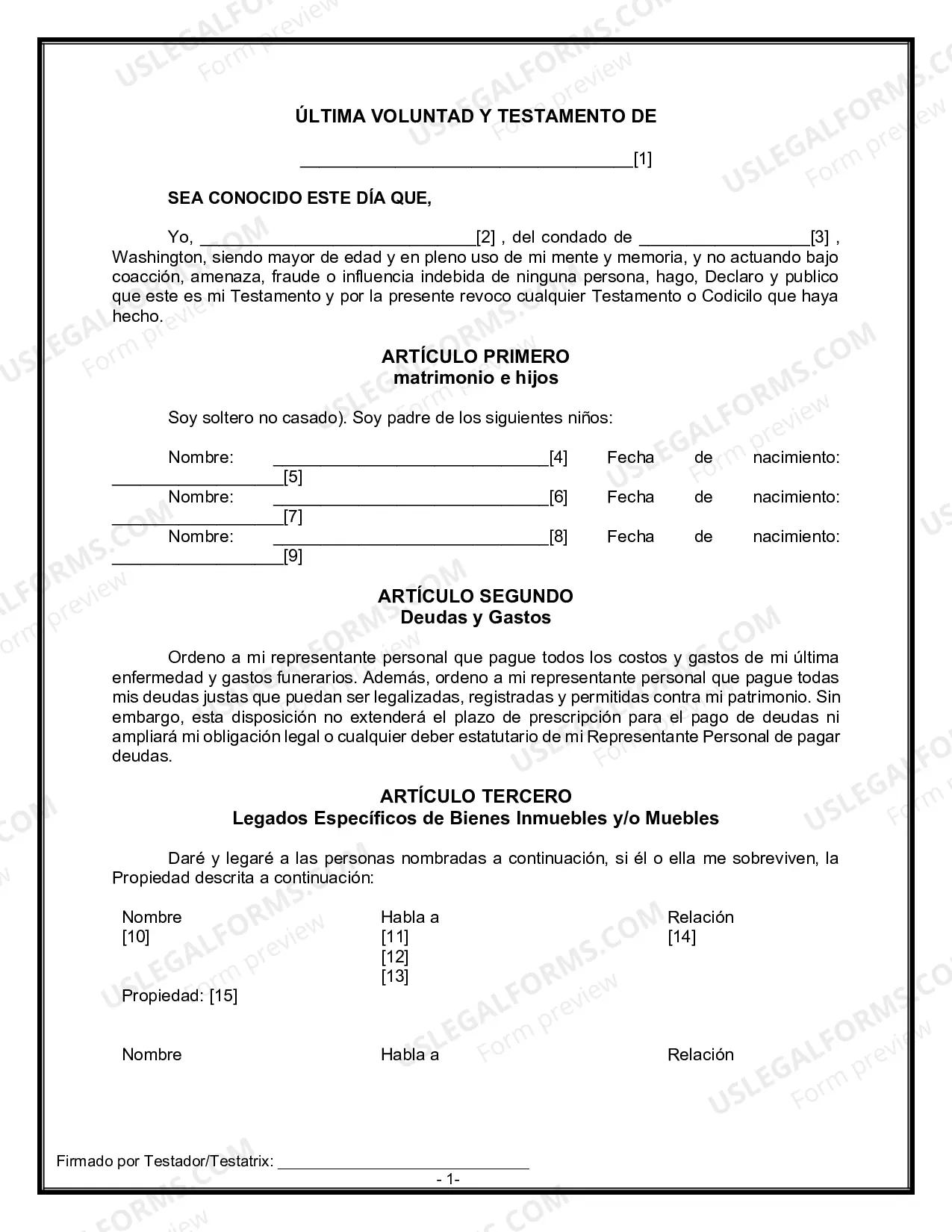 Preview Formulario Legal de Última Voluntad y Testamento para Persona Soltera con Hijos Adultos y Menores