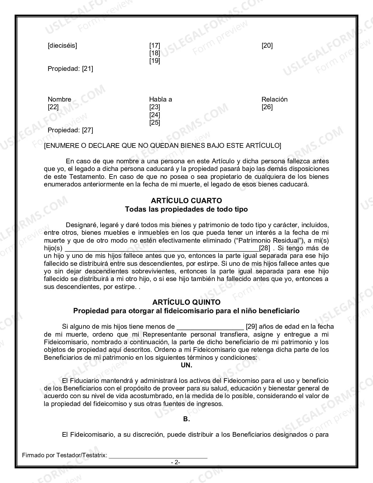 Preview Formulario Legal de Última Voluntad y Testamento para Persona Soltera con Hijos Adultos y Menores
