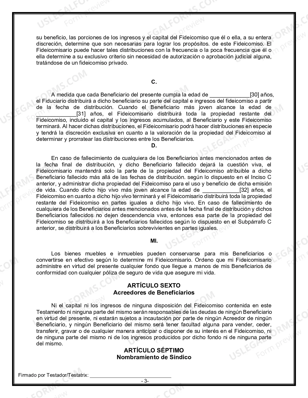 Preview Formulario Legal de Última Voluntad y Testamento para Persona Soltera con Hijos Adultos y Menores