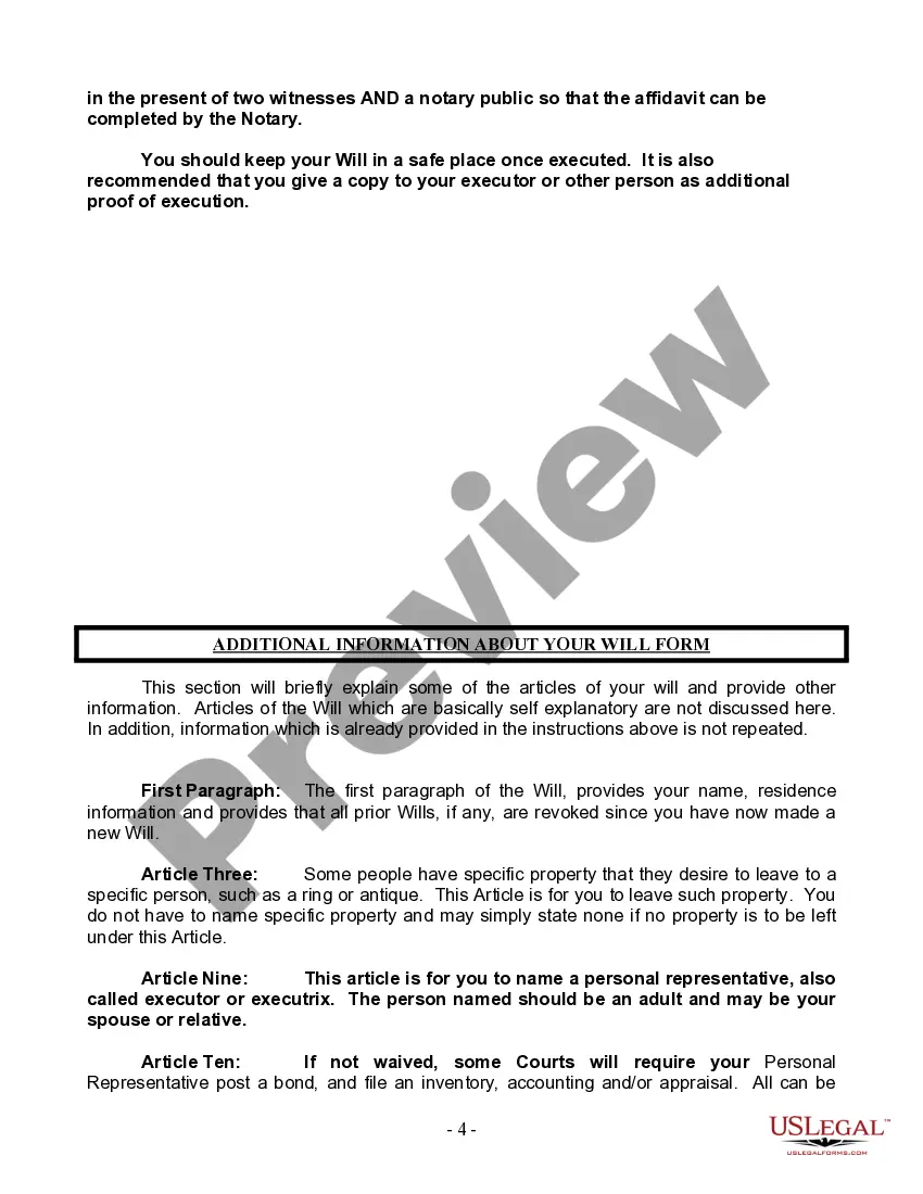 Preview Last Will and Testament for Single Person with Adult and Minor Children