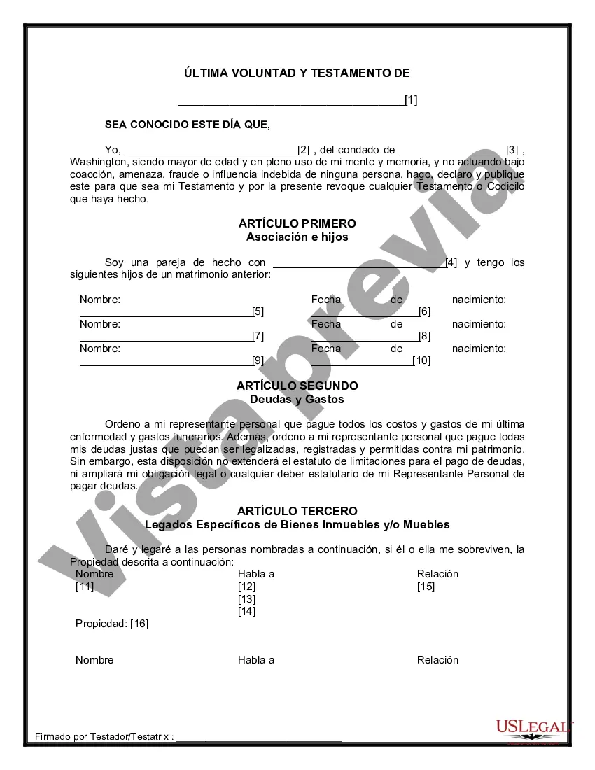 Preview Última voluntad y testamento legal para pareja de hecho con hijos menores de edad de un matrimonio anterior
