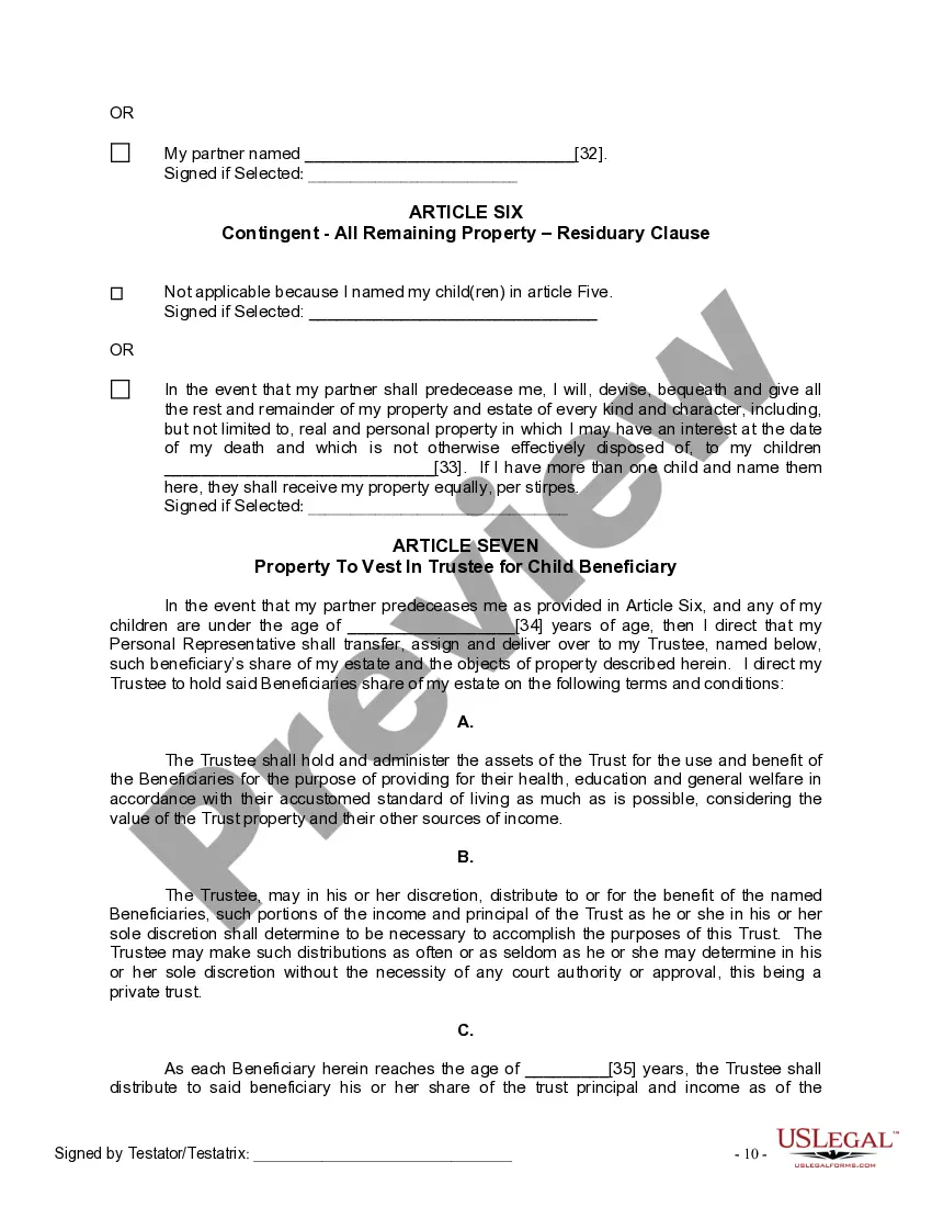Preview Last Will and Testament for Domestic Partner with Minor Children from Prior Marriage