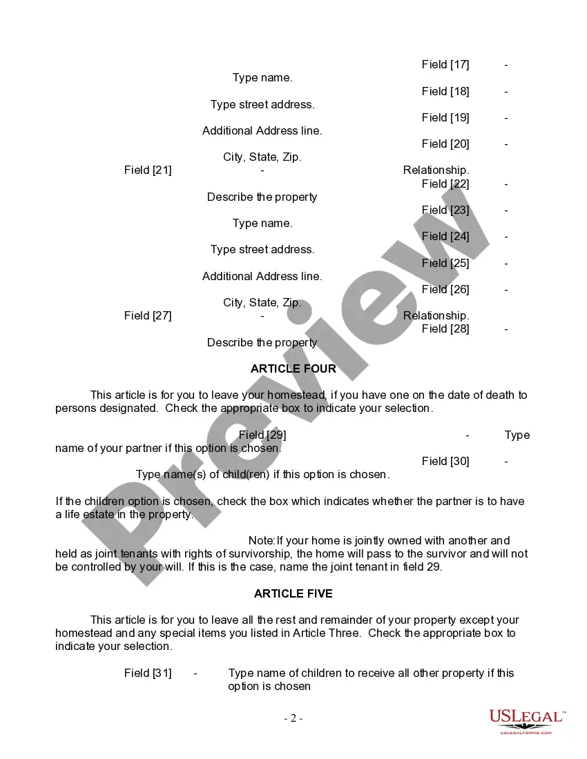 Preview Last Will and Testament for Domestic Partner with Minor Children from Prior Marriage