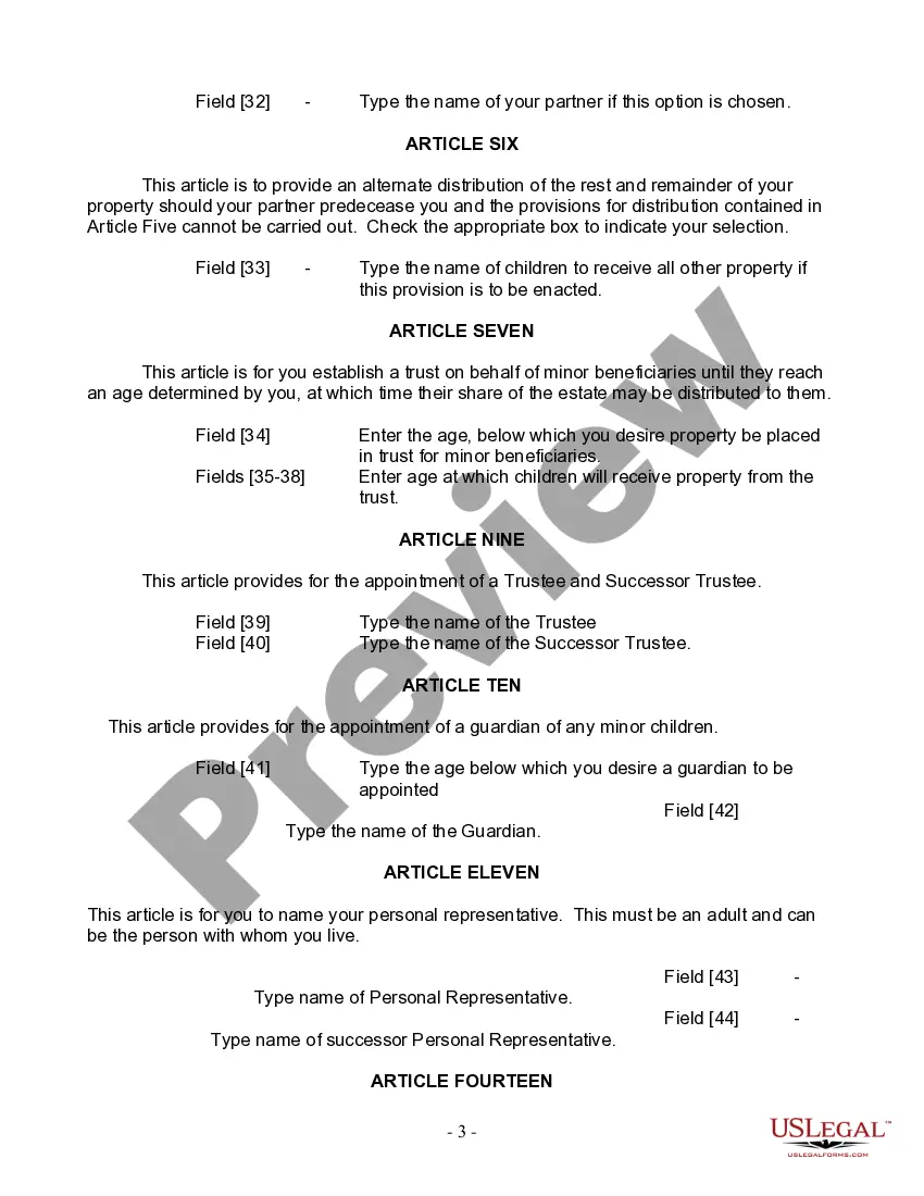 Preview Last Will and Testament for Domestic Partner with Minor Children from Prior Marriage