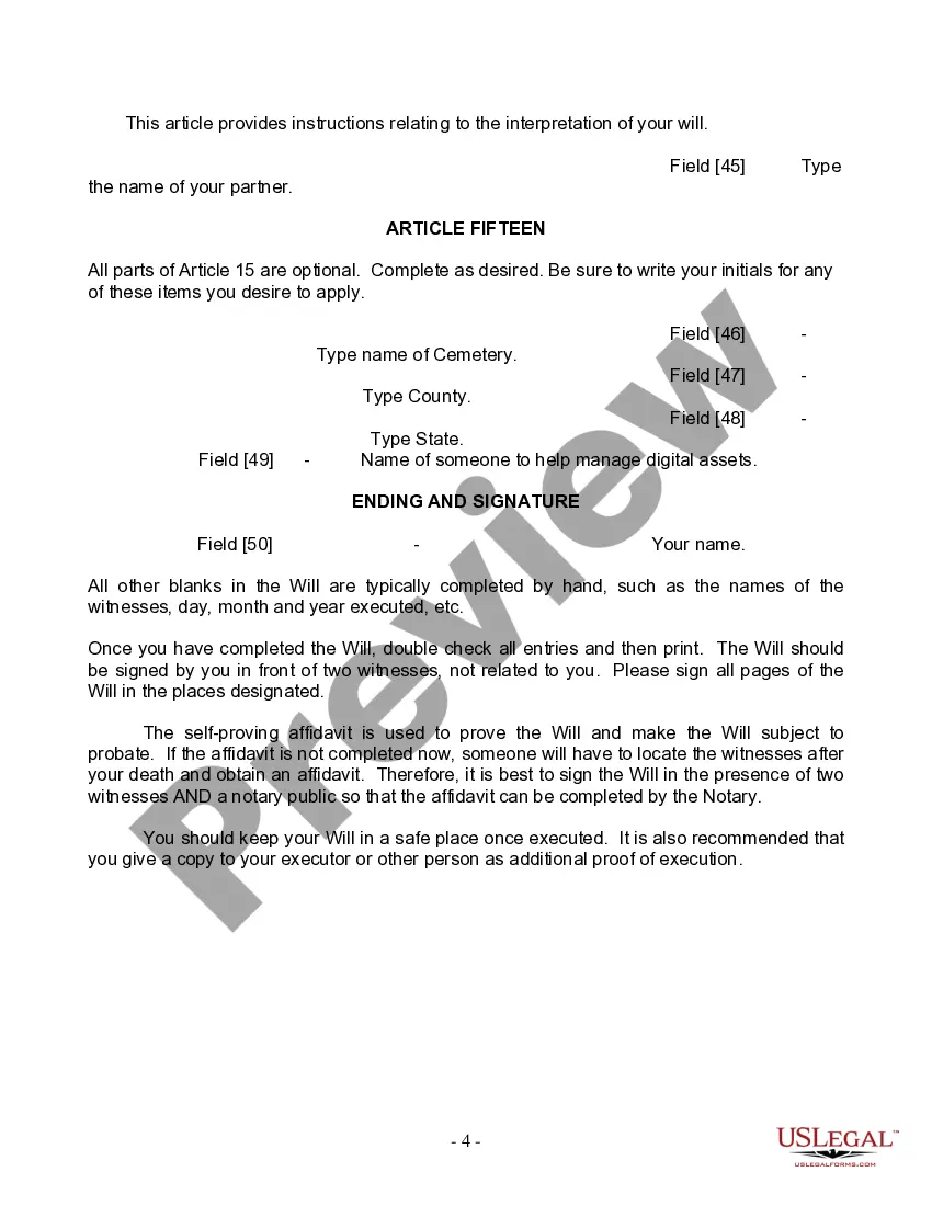 Preview Last Will and Testament for Domestic Partner with Minor Children from Prior Marriage