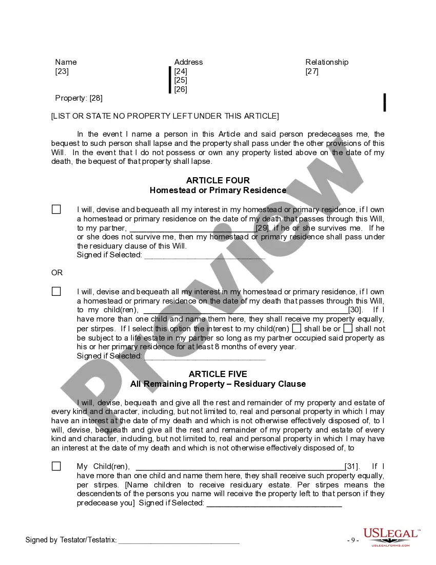 Preview Last Will and Testament for Domestic Partner with Minor Children from Prior Marriage