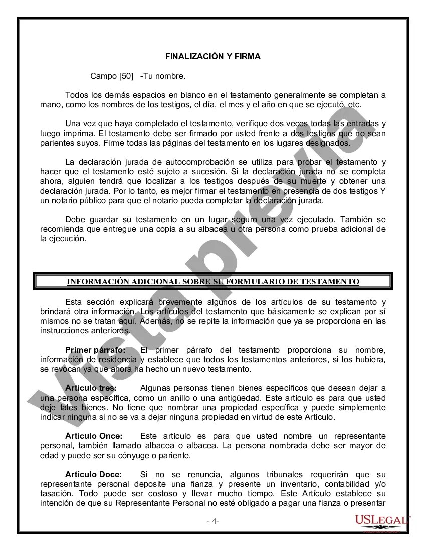 Preview Última voluntad y testamento legal para persona casada con hijos menores de edad de un matrimonio anterior