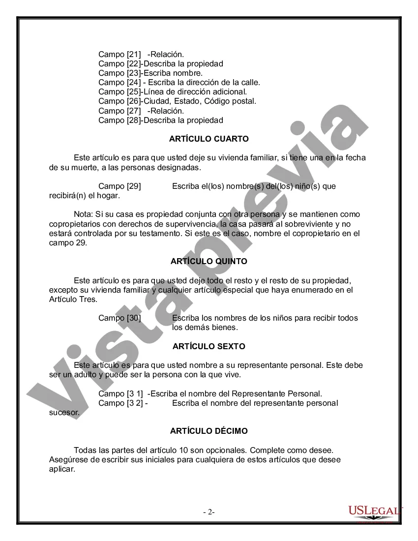 Preview Formulario de última voluntad y testamento legal para personas divorciadas que no se han vuelto a casar con hijos adultos
