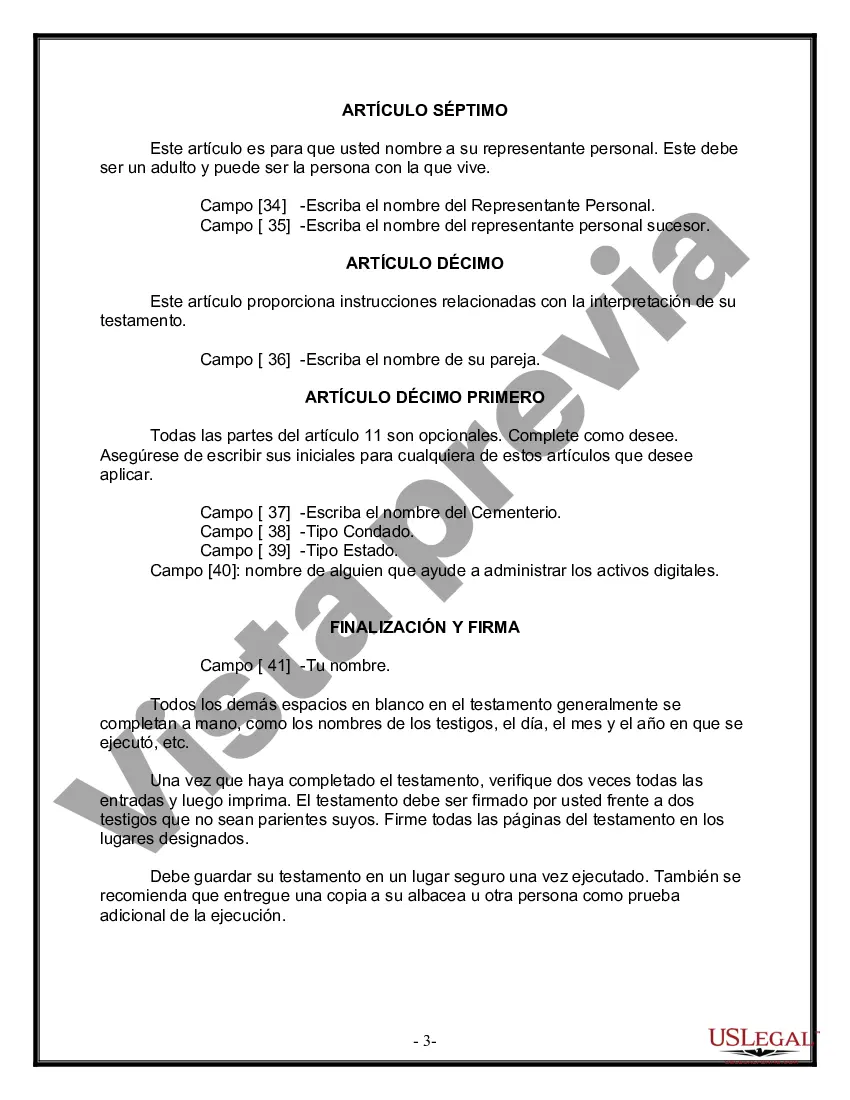 Preview Formulario de última voluntad y testamento legal para pareja de hecho con hijos adultos de un matrimonio anterior