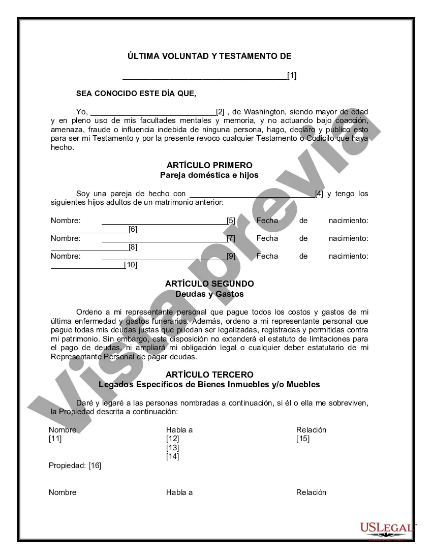 Preview Formulario de última voluntad y testamento legal para pareja de hecho con hijos adultos de un matrimonio anterior