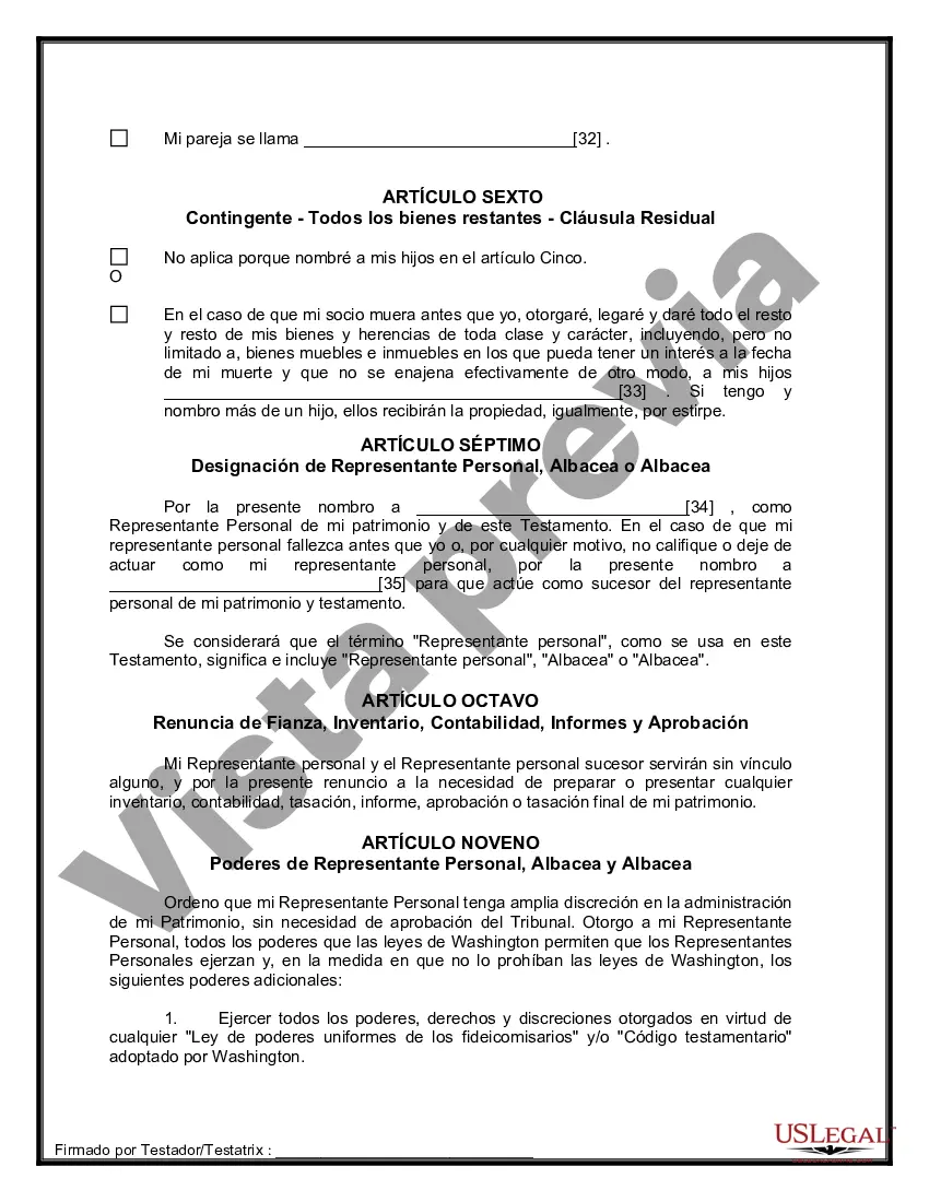 Preview Formulario de última voluntad y testamento legal para pareja de hecho con hijos adultos de un matrimonio anterior