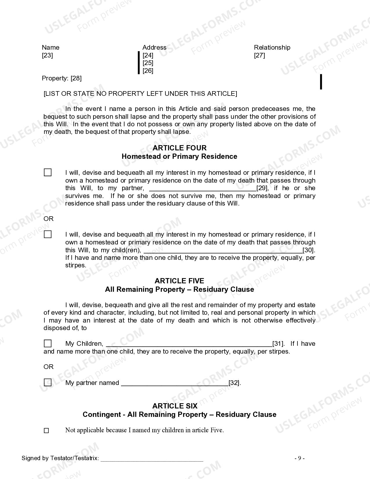 Washington Legal Last Will and Testament Form for Domestic Partner with ...