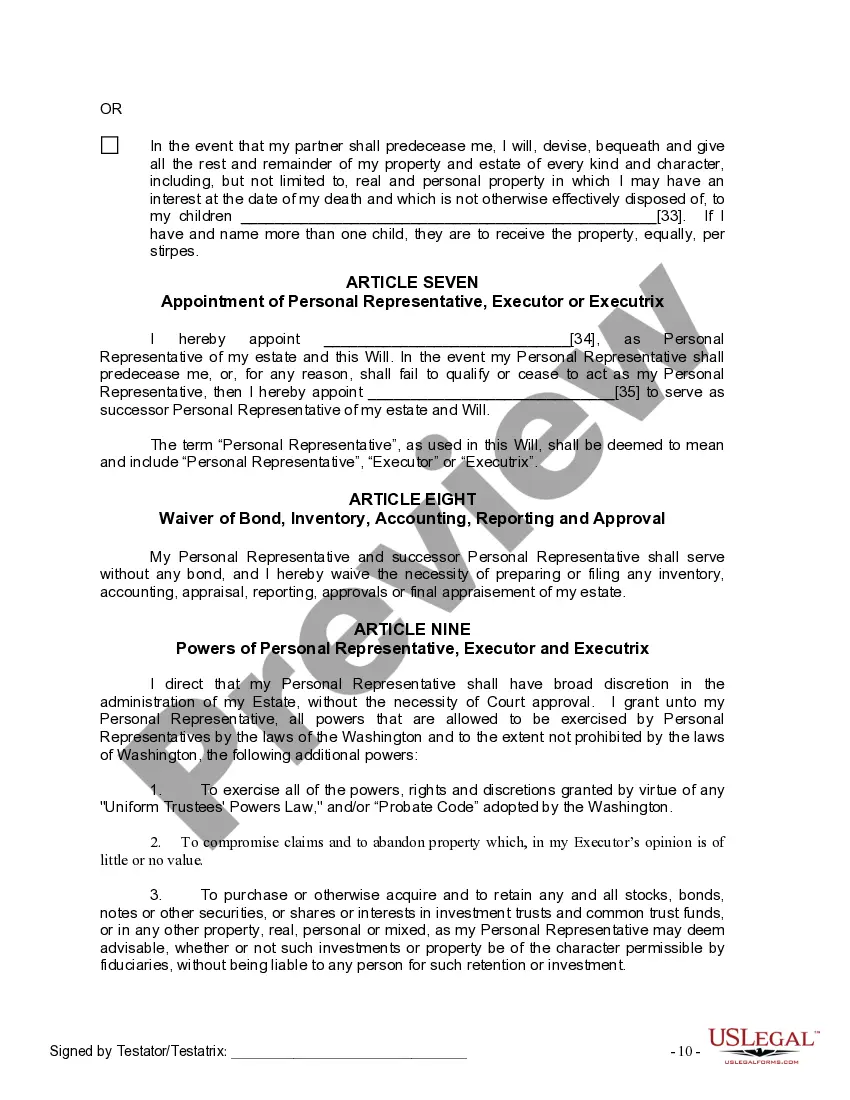 Preview Last Will and Testament for Domestic Partner with Adult Children from Prior Marriage
