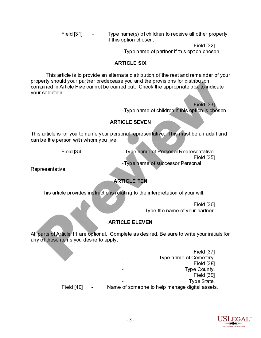 Preview Last Will and Testament for Domestic Partner with Adult Children from Prior Marriage