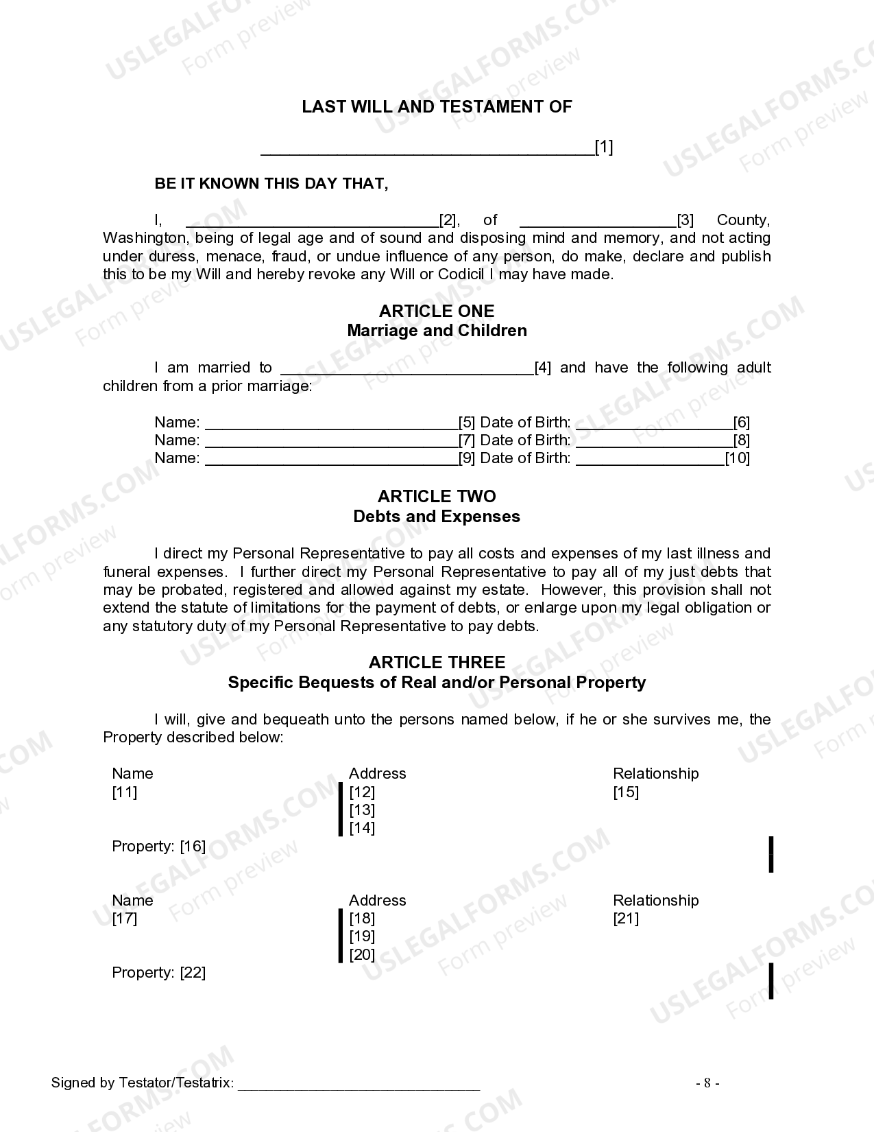 Washington Legal Last Will and Testament Form for Married Person with ...