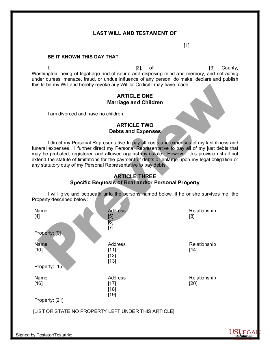 form Legal Last Will and Testament Form for Divorced Person Not Remarried with No Children preview