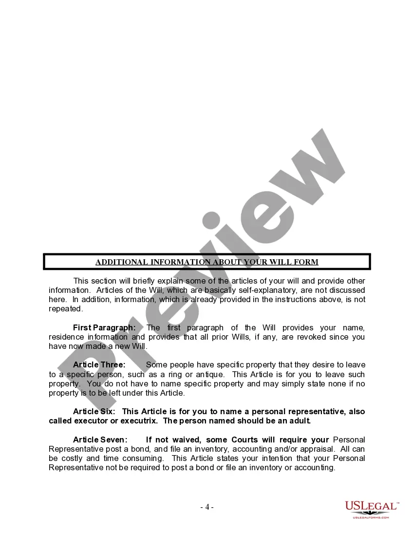 Preview Last Will and Testament for Divorced Person Not Remarried with No Children