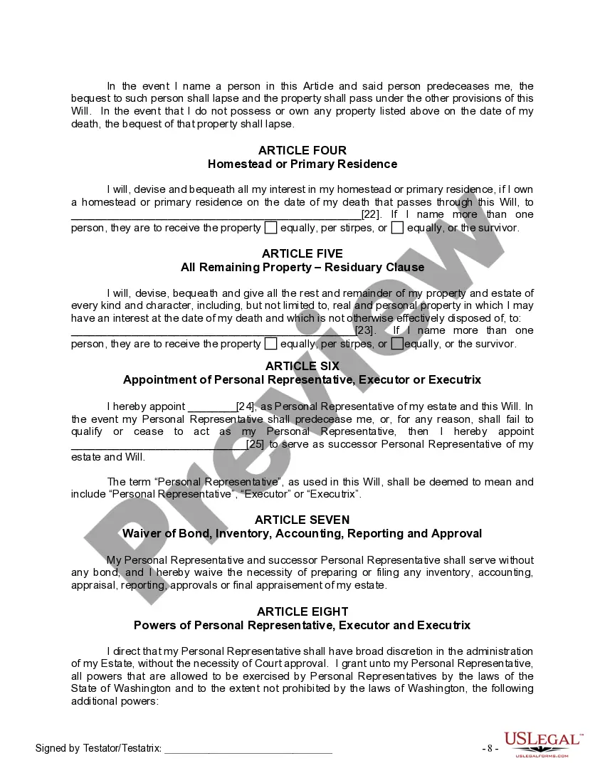 Preview Last Will and Testament for Divorced Person Not Remarried with No Children