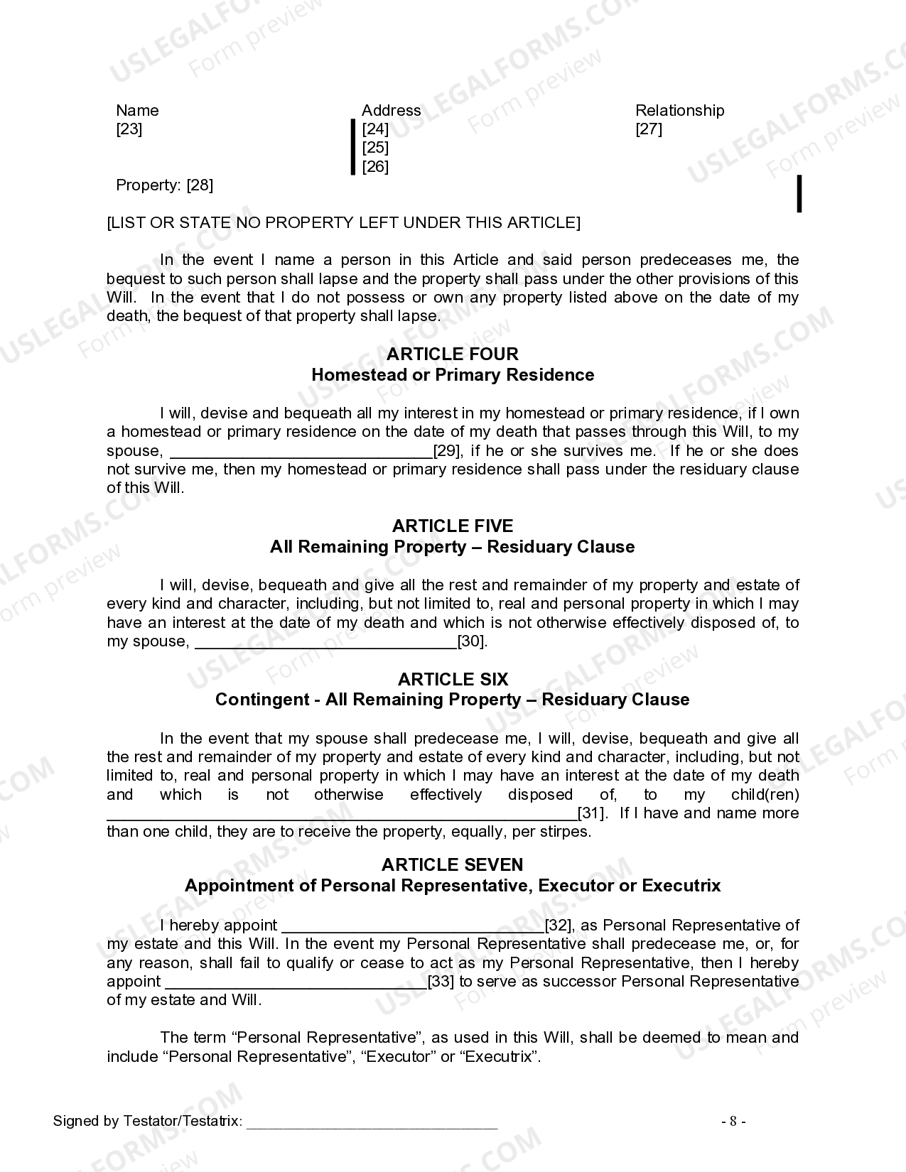 Washington Legal Last Will and Testament Form for Married Person with ...