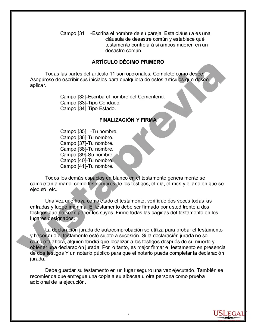 Preview Formulario de última voluntad y testamento legal para una pareja de hecho sin hijos