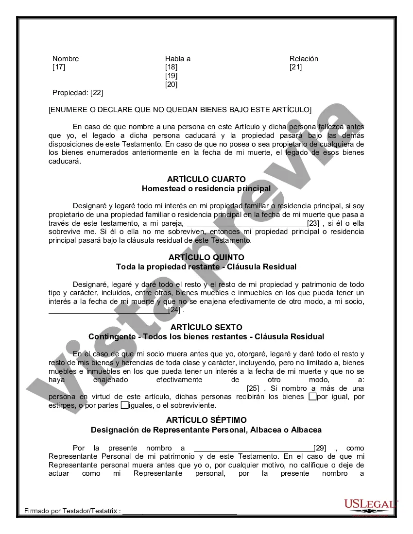 Preview Formulario de última voluntad y testamento legal para una pareja de hecho sin hijos