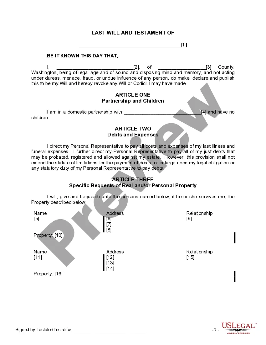 Preview Last Will and Testament for a Domestic Partner With No Children