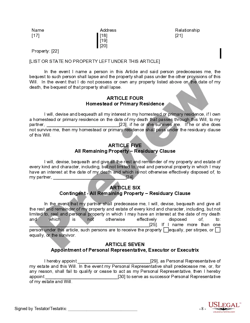 Preview Last Will and Testament for a Domestic Partner With No Children