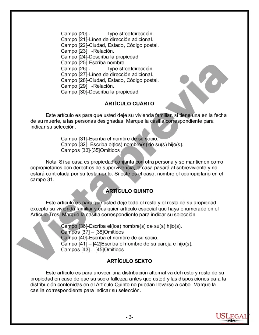 Preview Formulario de última voluntad y testamento legal para pareja de hecho con hijos adultos y menores de matrimonio anterior