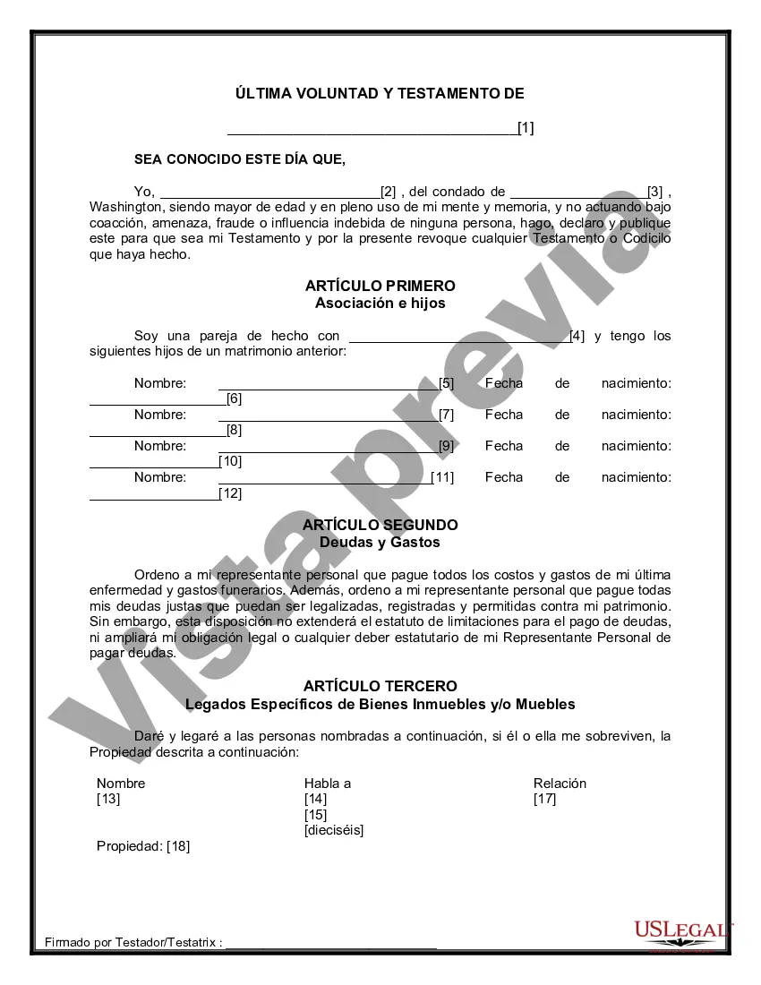 Preview Formulario de última voluntad y testamento legal para pareja de hecho con hijos adultos y menores de matrimonio anterior