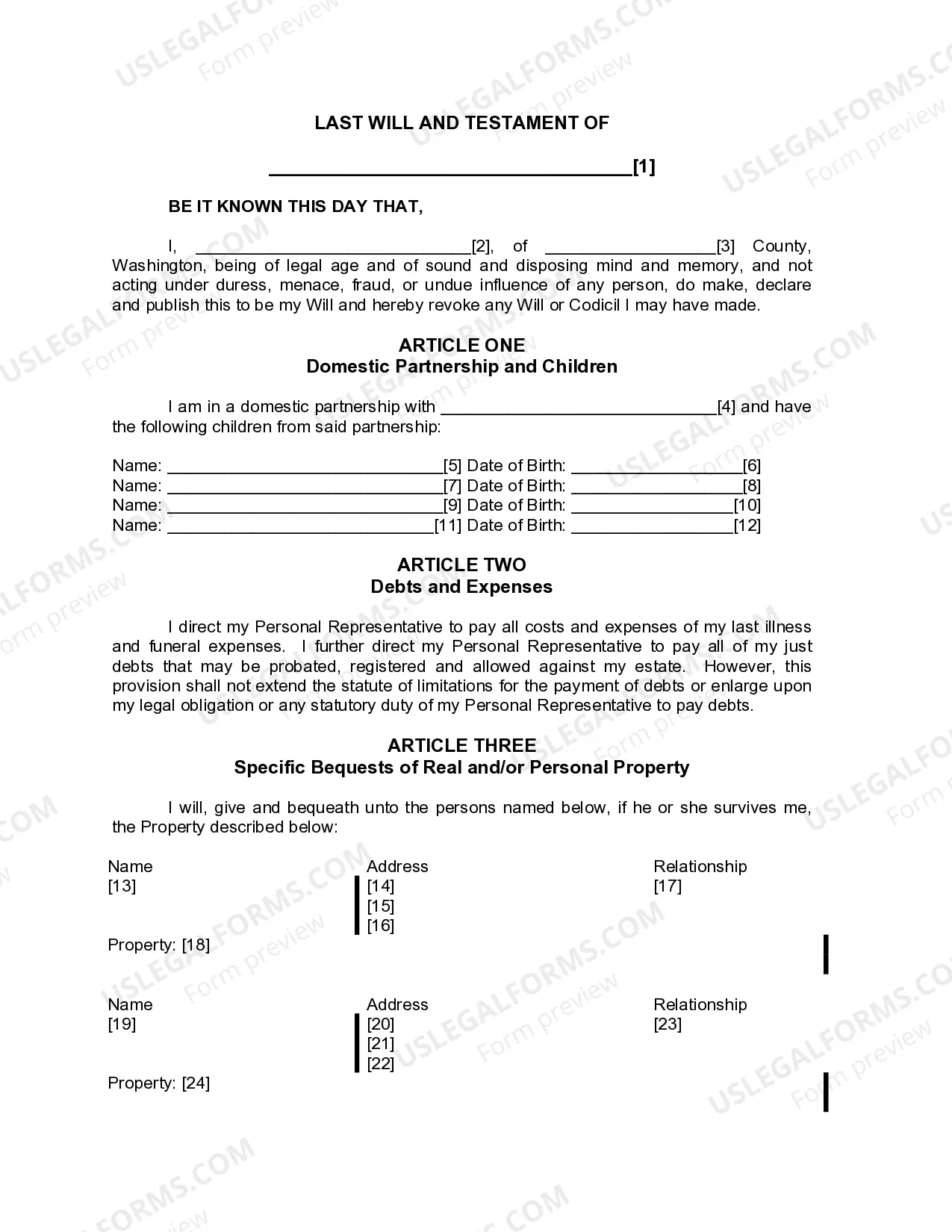 Preview Last Will and Testament for Domestic Partner with Adult and Minor Children