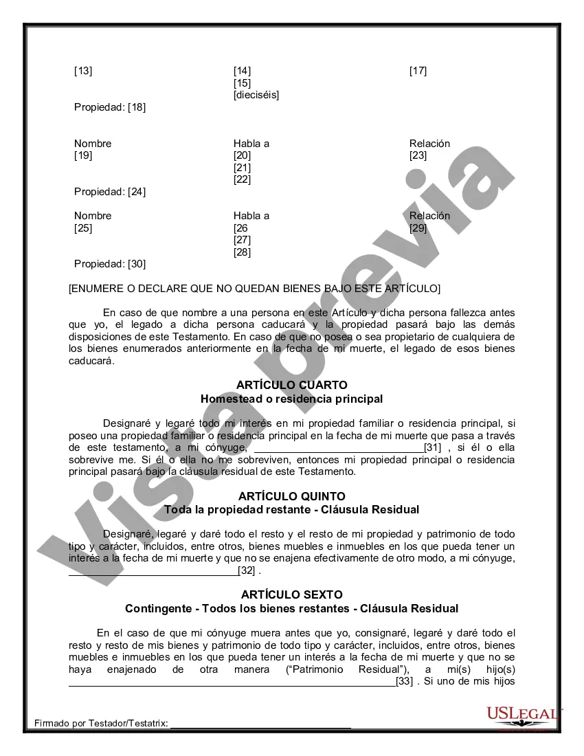 Preview Formulario Legal de Última Voluntad y Testamento para Persona Casada con Hijos Adultos y Menores