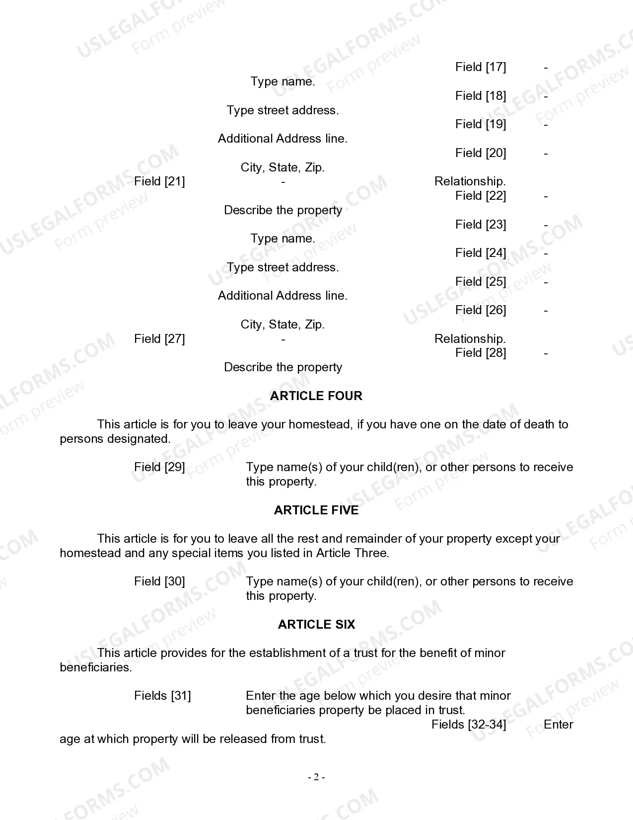Preview Last Will and Testament for Widow or Widower with Minor Children