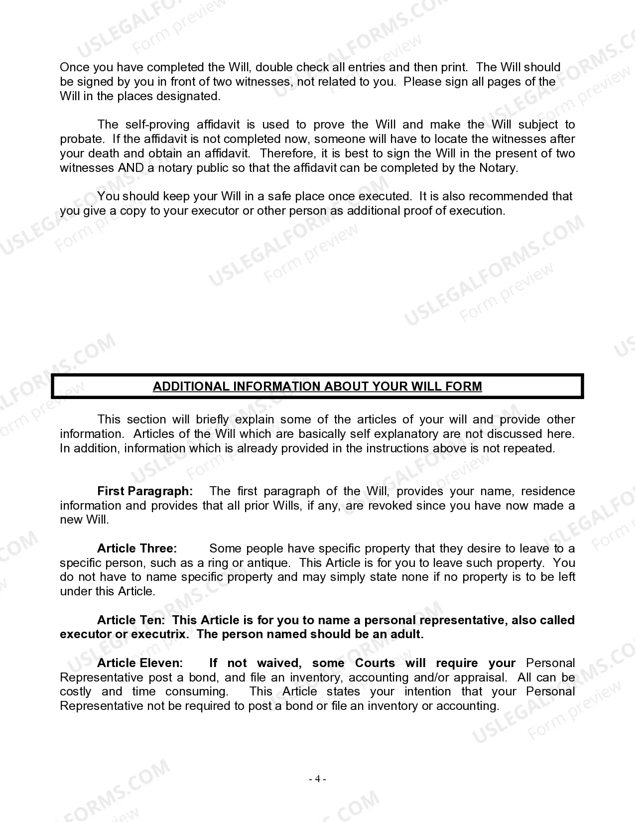 Preview Last Will and Testament for Widow or Widower with Minor Children