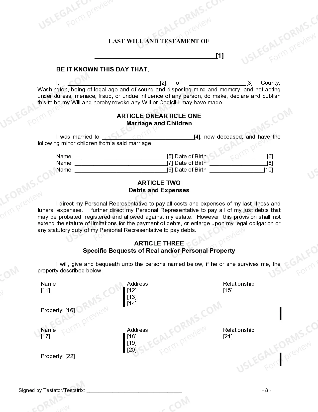 Preview Last Will and Testament for Widow or Widower with Minor Children