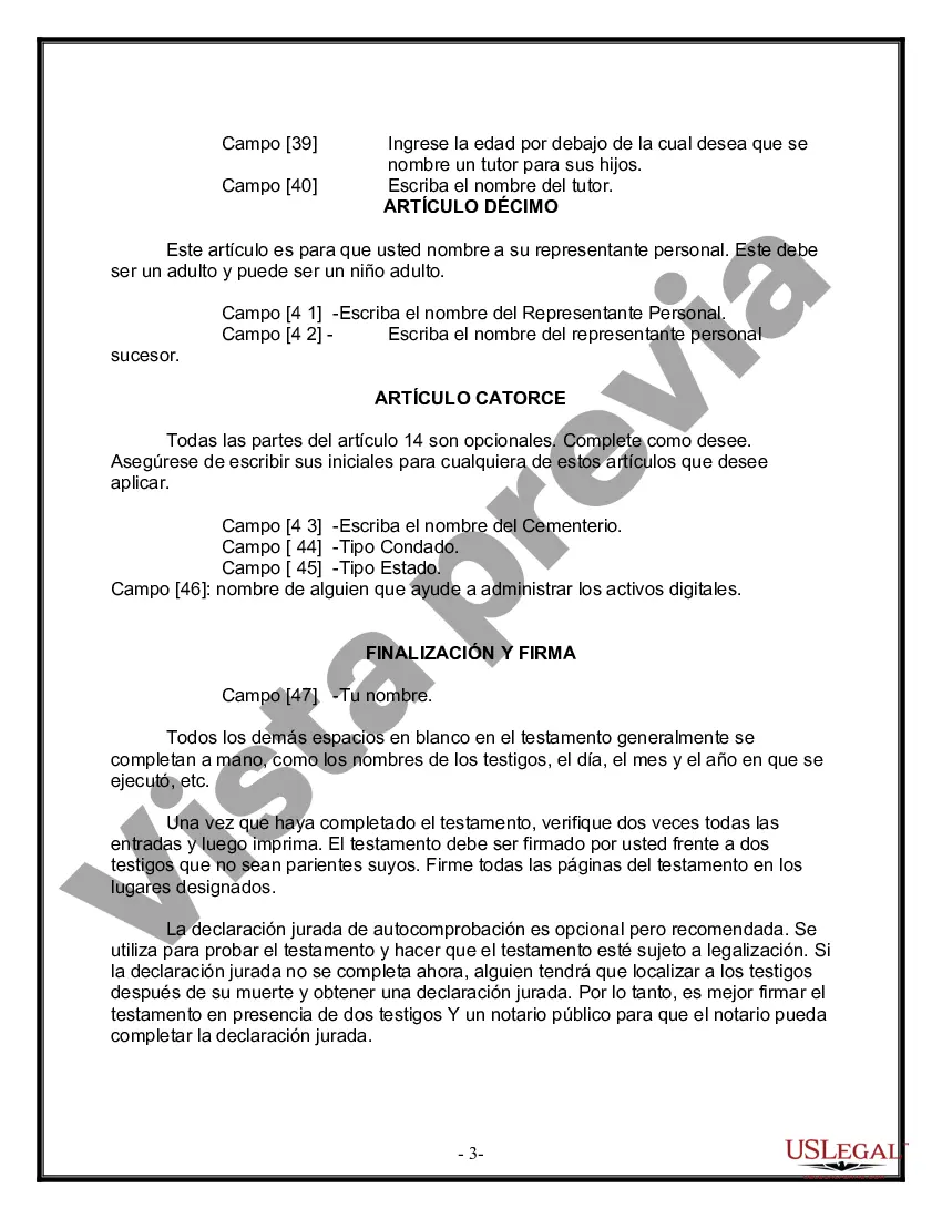 Preview Formulario Legal de Última Voluntad y Testamento para una Viuda o Viudo con Hijos Adultos y Menores