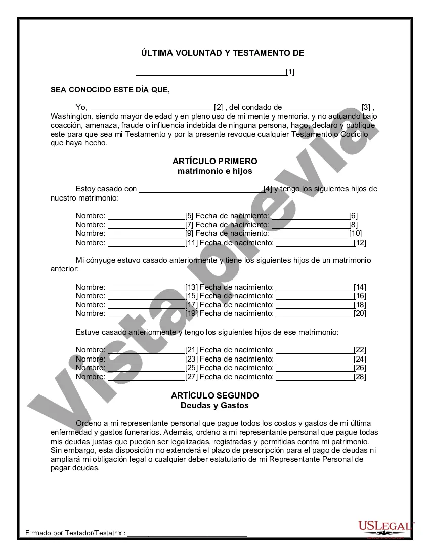 Preview Formulario Legal de Última Voluntad y Testamento para Persona Divorciada y Recasada con Hijos Míos, Tuyos y Nuestros