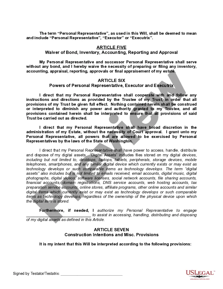 Preview Last Will and Testament with All Property to Trust called a Pour Over Will