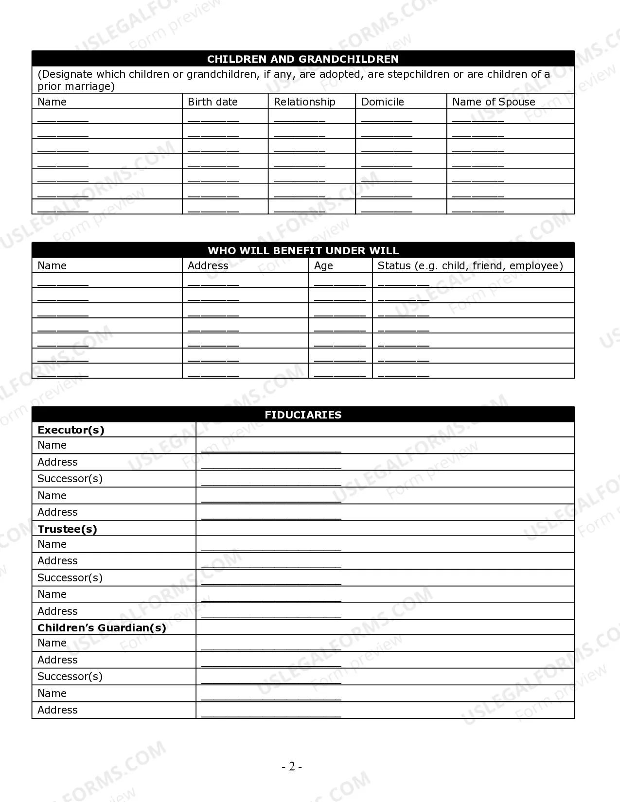 Preview Estate Planning Questionnaire and Worksheets